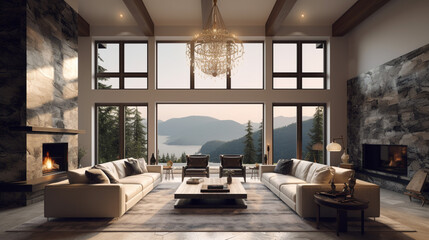 Obraz premium Beautiful living room in traditional luxury home with carpet on hardwood floor. Generative AI