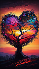 Valentine tree heart sunset Generative AI