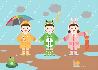 비오는 날 동물 캐릭터 우비를 입은 어린이들