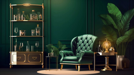 Interior design of luxury living room with stylish armchair, gold liquor cabinet. AI Generative