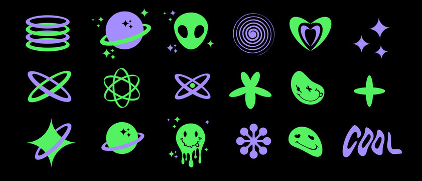 Trendy Cool Print with Neon Green-Violet Abstract Icons, Alien Head, Planet, Melting Emoticon on a Black Background. Simple Y2K Style Abstract Doodle Design.Vibrant Rgb Colors.Modern 90's Style Icons.