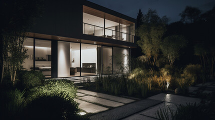 3d rendering of modern cozy house with parking. Clear summer night with many stars on the sky