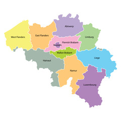 belgium map background with regions, region names and cities in color. belgium map isolated on white background. Vector illustration