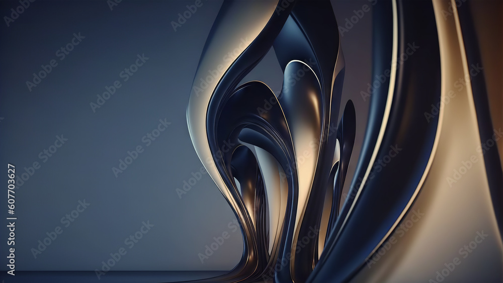 Poster Dark blue and glod glossy wallpaper with abstract wavy shapes. Background with curvy texture. Generative ai