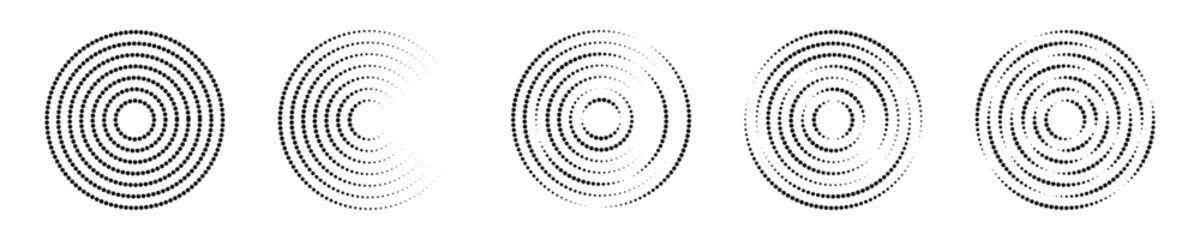 Set of circular ripple icons. Concentric circles with interrupted dotted lines isolated on white background. Vortex, sonar wave, soundwave, sunburst, signal signs