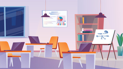 Concept Classroom. A flat, cartoon-designed background featuring a classroom with a chalkboard, desks, and other educational elements. Vector illustration.