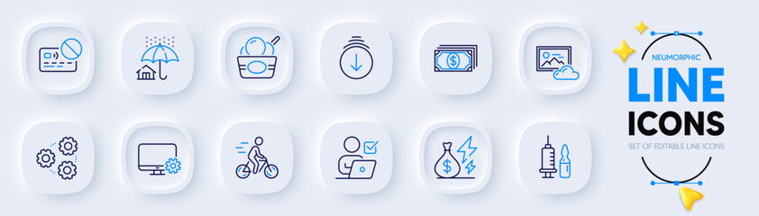 Home insurance, Ice cream and Scroll down line icons for web app. Pack of Monitor settings, Electricity price, Medical vaccination pictogram icons. Card, Gears, Payment signs. Cyclist. Vector