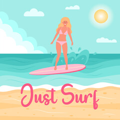 Blonde woman in swimsuit on the surfboard in the ocean. Summer seascape, active sport, surfing on ocean waves, vacation concept. Just surf text. Flat cartoon vector illustration.