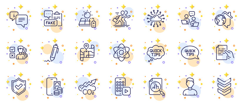 Outline set of Phone pay, Headshot and Map line icons for web app. Include Hold document, Work home, Fake document pictogram icons. Signature, Co2, Teamwork signs. Solar panel. Vector