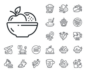 Vegetarian food sign. Crepe, sweet popcorn and salad outline icons. Fruits line icon. Apple and orange symbol. Fruits line sign. Pasta spaghetti, fresh juice icon. Supply chain. Vector