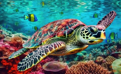 Vacation concept. A large turtle swims in the ocean among bright algae and corrals. Generate Ai Generative AI