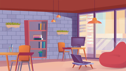 Concept Loft coworking. A flat, cartoon-style design with a colorful background featuring a loft coworking space, surrounded by windows overlooking the city. Vector illustration.