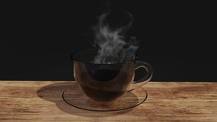 Close up of Steaming cup hot coffee and tea on wooden table