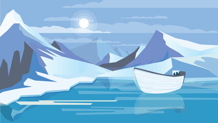 Fototapeta na wymiar Concept Frozen lake. A flat, cartoon-style design with a frozen lake in the background. Vector illustration.