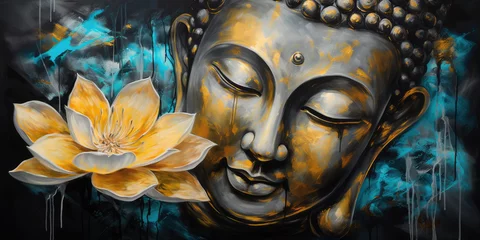 Fotobehang  Lotus flowers and gold buddha statue, generative AI  © Kien