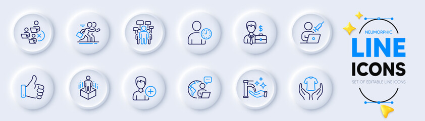 Hold t-shirt, Businessman case and Outsource work line icons for web app. Pack of Add person, Augmented reality, Vaccination appointment pictogram icons. Like hand, Remove team. Vector