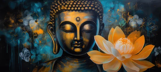 Foto op Canvas  Lotus flowers and gold buddha statue, generative AI  © Kien