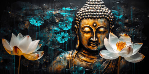  Lotus flowers and gold buddha statue, generative AI	