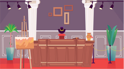 Concept Auction. A flat and cartoon-style design of an auction scene, with bidding paddles and a stage set against a neutral-colored background. Vector illustration.