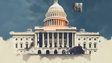Artistic collage interpretation of the Whitehouse, creatively rendered and conceptually symbolizing the US government, its history, and political power. Generative AI