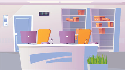 Concept Post office. A flat, cartoon-style design featuring a post office set against a background of white or light pastel colors. Vector illustration.