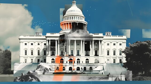Artistic collage interpretation of the Whitehouse, creatively rendered and conceptually symbolizing the US government, its history, and political power. Generative AI