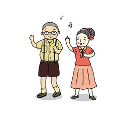 Couple old people relaxing, old man and old woman singing and dancing together. Hand drawn style vector illustration