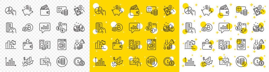 Outline Saving money, Bitcoin and Wallet line icons pack for web with Discount coupon, Credit card, Pie chart line icon. Payment card, Decreasing graph, Payment method pictogram icon. Vector