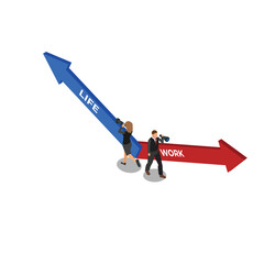 Business people with telescope and and work life arrows isometric 3d vector illustration concept for banner, website, illustration, landing page, flyer, etc.