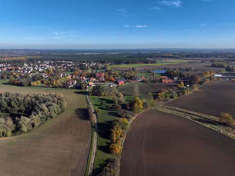 Aerial view of small scale agriculture and ploughing in Brandenburg, Germany.