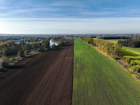 Aerial view of small scale agriculture and ploughing in Brandenburg, Germany.