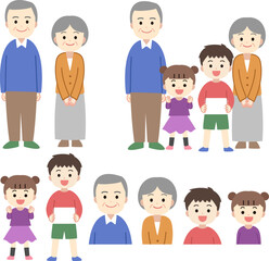 祖父母・孫、シニアと子供のイラストセット　線なし