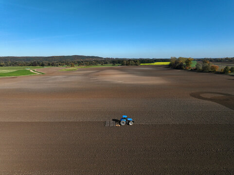 Aerial view of small scale agriculture and ploughing in Brandenburg, Germany.