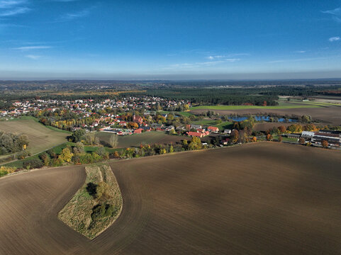 Aerial view of small scale agriculture and ploughing in Brandenburg, Germany.