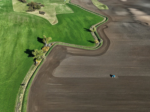 Aerial view of small scale agriculture and ploughing in Brandenburg, Germany.