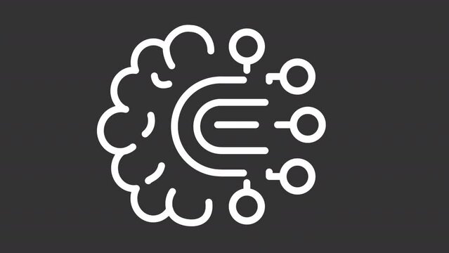 Animated digital brain white icon. Artificial intelligence line animation. Deep learning. Loop HD video with chroma key, alpha channel, transparent background. Outline motion graphic animation