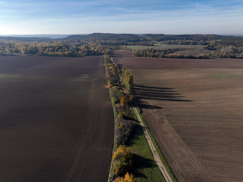 Aerial view of small scale agriculture and ploughing in Brandenburg, Germany.