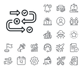 Quiz algorithm sign. Salaryman, gender equality and alert bell outline icons. Survey progress line icon. Business interview symbol. Survey progress line sign. Spy or profile placeholder icon. Vector