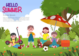 Cute children play outside. template for advertising brochures, ready for your text,  poster, background, website.Style of kids drawings.