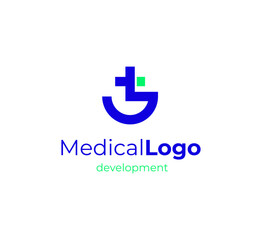 Blue Cross Sign with Half Circle Line Medical Logo Health Icon isolated on White Background