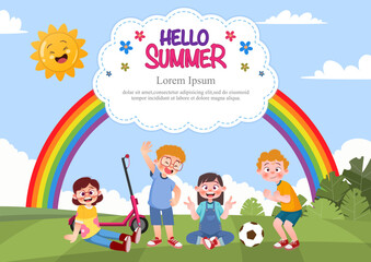 Cute children play outside. template for advertising brochures, ready for your text,  poster, background, website.Style of kids drawings.