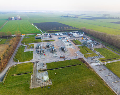 Overschild, Netherlands - 14 Feb 2023: Aerial view of gas extraction site being dismantled because gas extraction is terminated as it triggered earthquakes, Overschild, Groningen, The Netherlands.