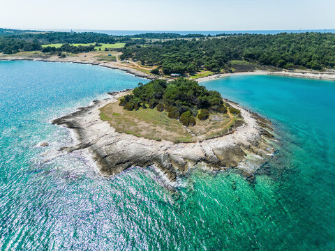 Aerial view of a small peninsular off the coast of Kamenjak in Istria, Croatia.