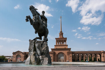 Fototapeta na wymiar View of Sasuntsi Davit Statue and Railway Station on sunny day. Yerevan, Armenia.