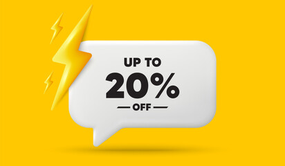 Up to 20 percent off sale. 3d speech bubble banner with power energy. Discount offer price sign. Special offer symbol. Save 20 percentages. Discount tag chat speech message. 3d offer talk box. Vector