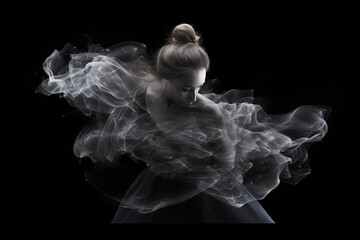 Fototapeta premium Beautiful ballerina dancing in the studio in magnetic powder and smoke. Generated AI