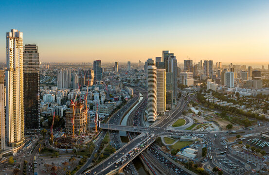 Aerial view of a highway in a city with traffic jam, Tel Aviv, centre district, Israel.