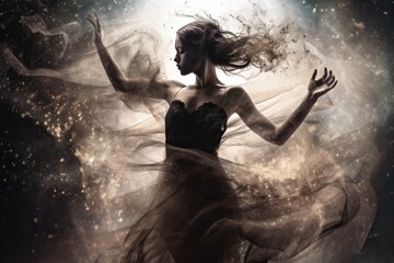 Beautiful ballerina dancing in the studio in magnetic powder and smoke. Generated AI