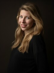 Fototapeta premium Pregnant woman in black dress on dark background. Studio shot.