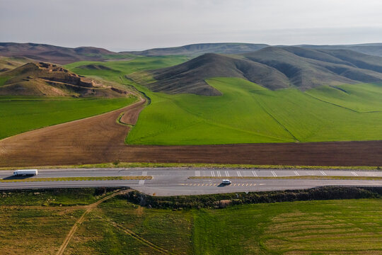 Aerial view of vehicles driving on the highway in Central Anatolia Region, Ankara, Turkey.